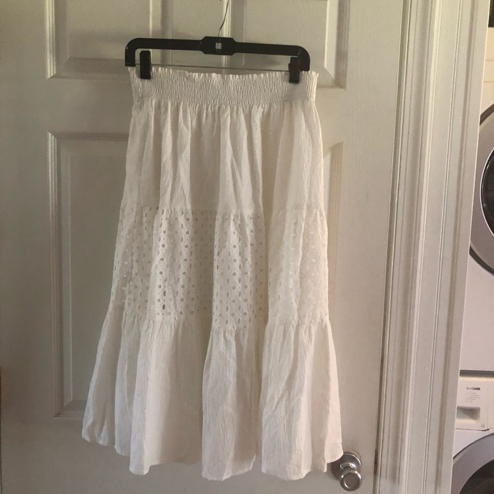 New White Eyelet Tiered Midi Skirt-Small